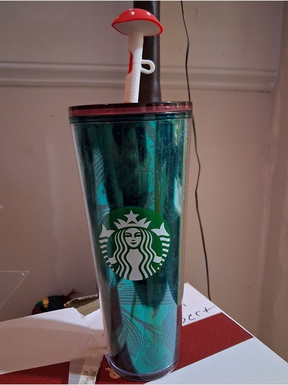 Starbucks Emerald Sparkle Green Glitter Tumbler With Mushroon Strawtopper